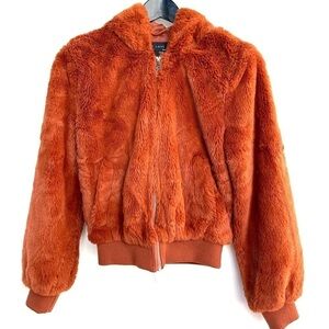 Love Tree Indie Sleaze Faux Fur Cropped Hooded Teddy Jacket, Burnt Orange Size S